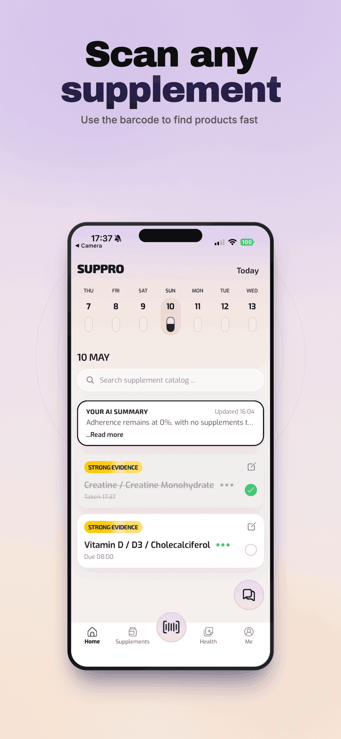 Suppro App Store poster showing supplement scanning and barcode-led search.