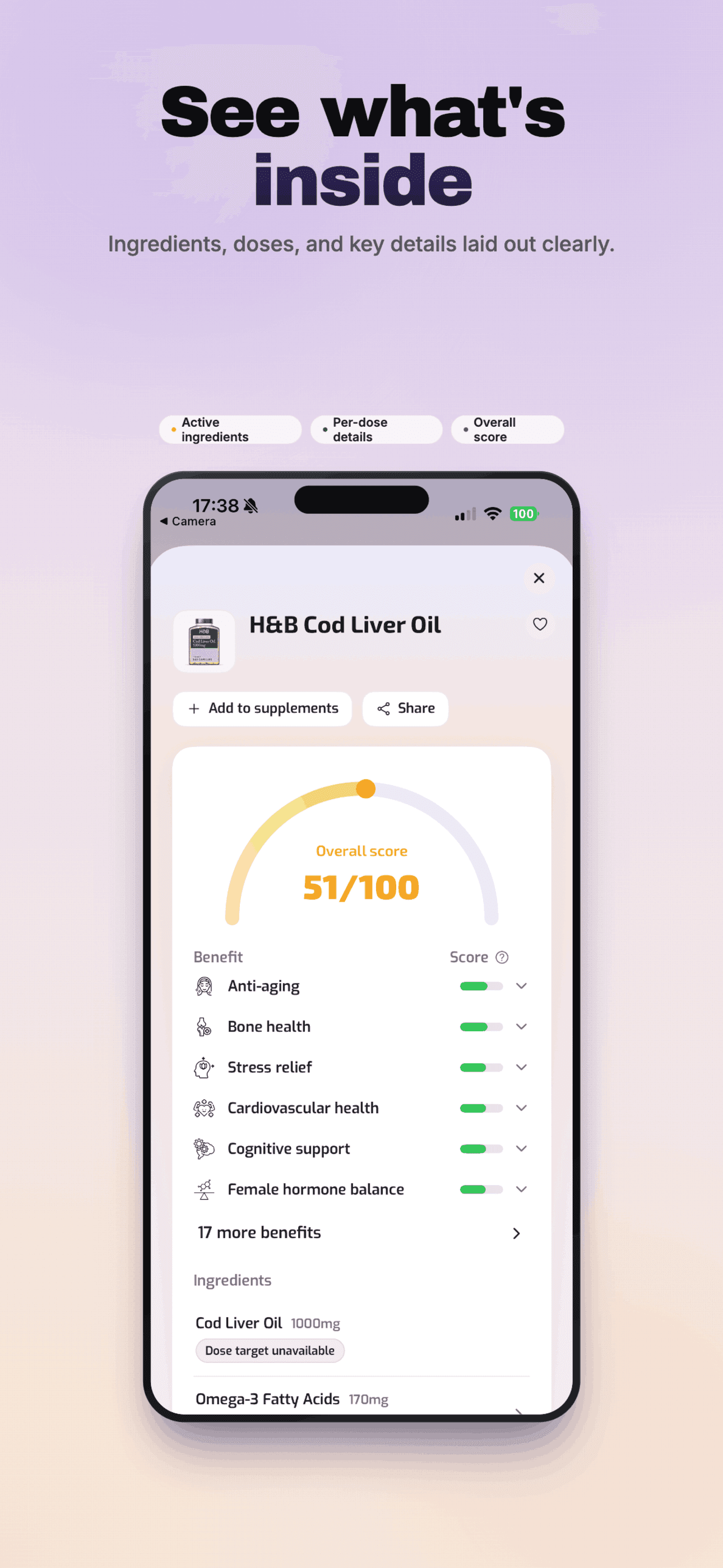 Suppro App Store poster showing ingredient and score details for a supplement.