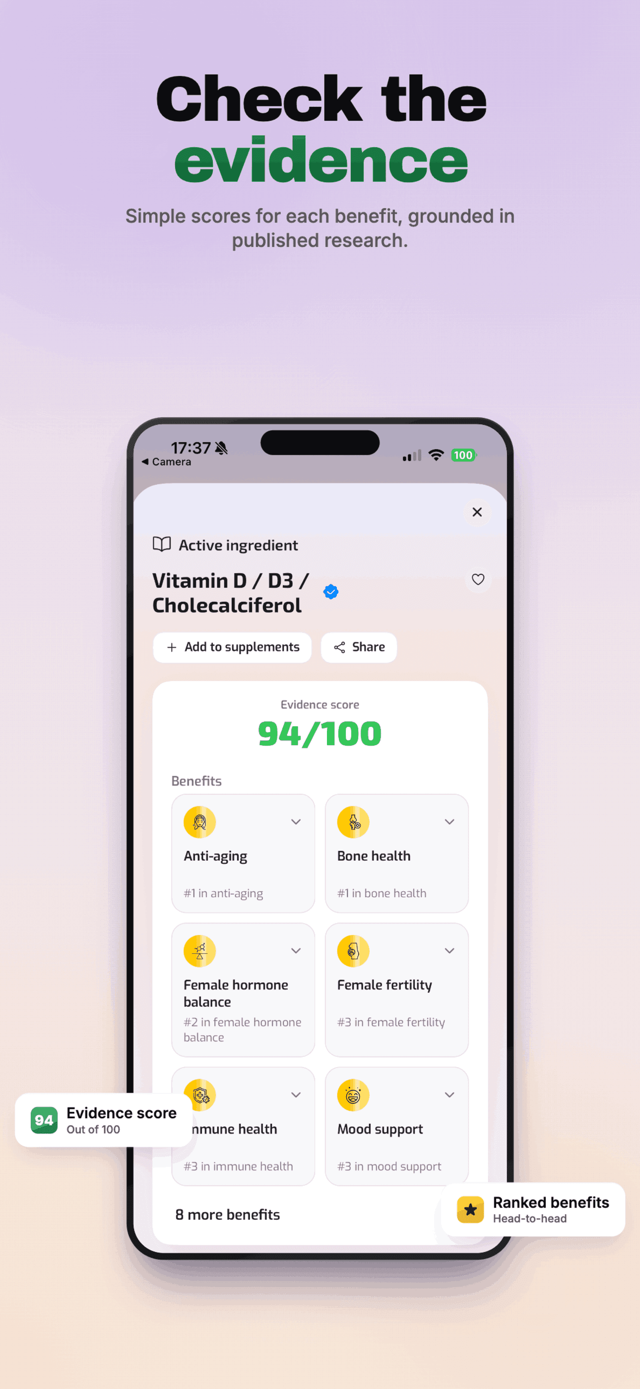 Suppro App Store poster showing evidence scoring for a supplement.