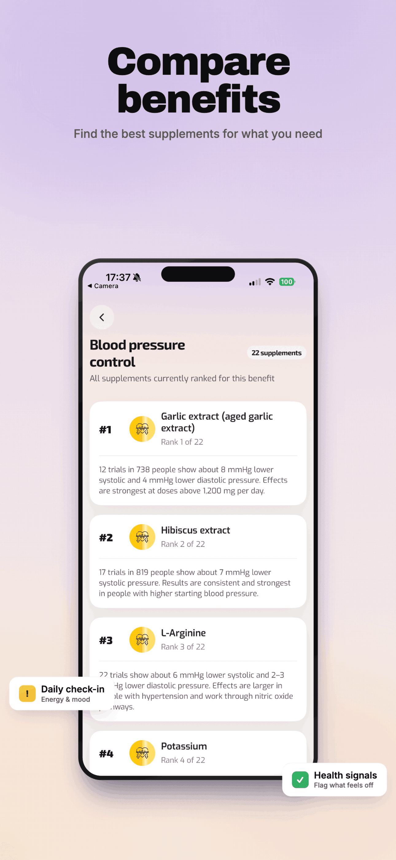 Suppro App Store poster showing detailed benefit rankings for blood pressure control.